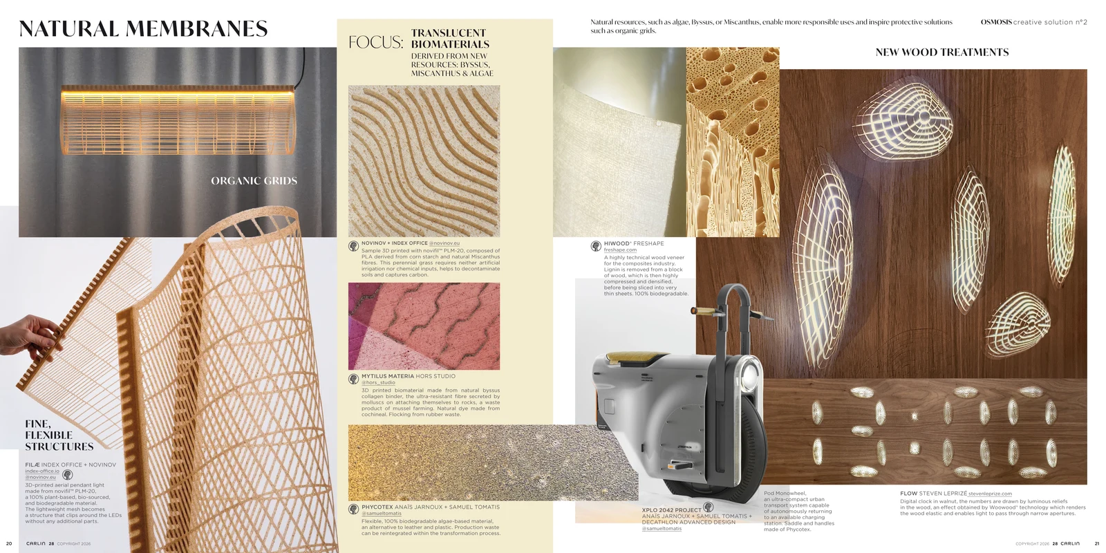 Pages 20–21 of CARLIN Impulse dedicated to “Natural Membranes”, featuring the FILÆ pendant by Index Office and novinov and a sample 3D-printed in novifil™ PLM-20