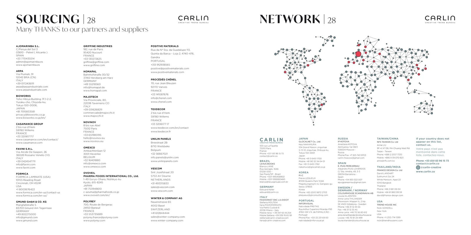 CARLIN Impulse “Sourcing 28 / Network 28” spread listing novinov among the partners and suppliers