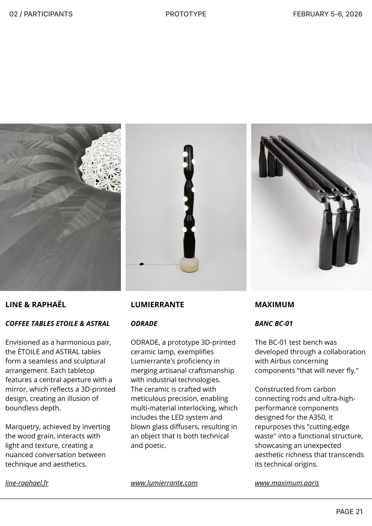 Page 21 of the PROTOTYPE catalogue featuring projects by LINE & RAPHAËL, Lumierrante and Maximum