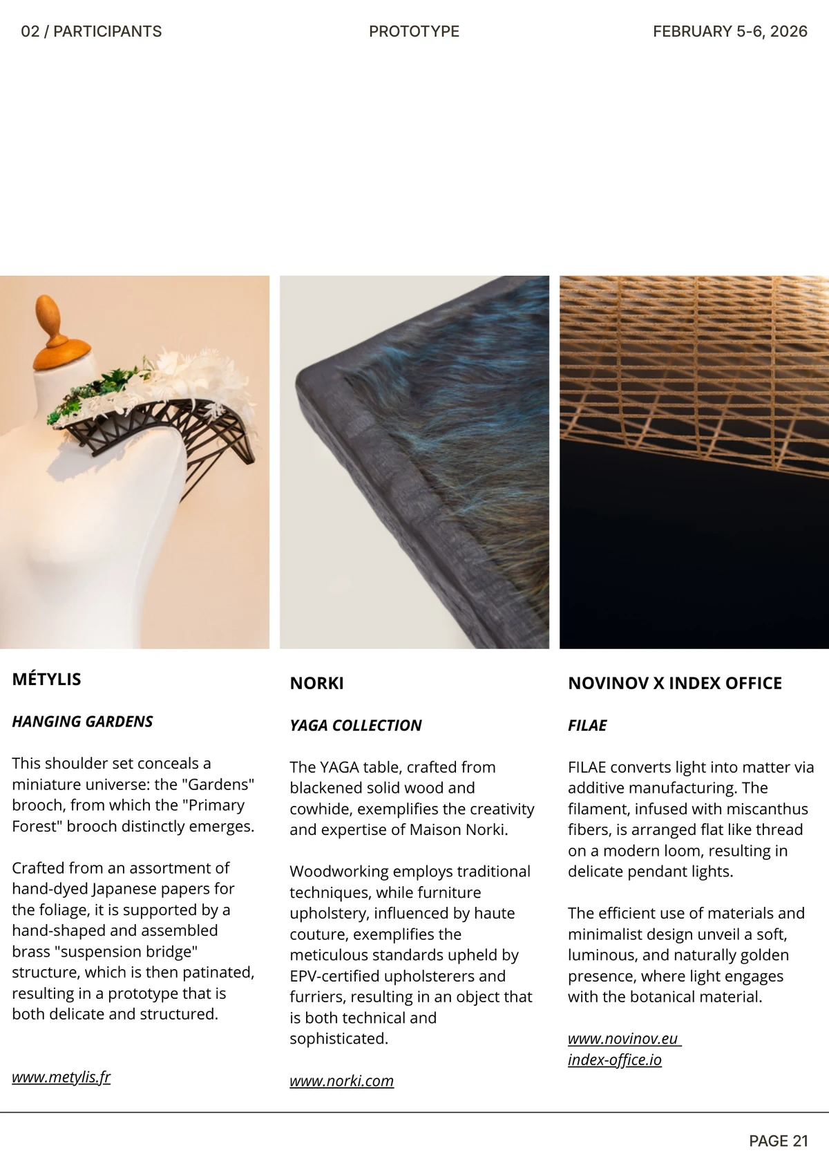Page 22 of the PROTOTYPE catalogue featuring FILÆ, the pendant light by novinov and Index Office made with miscanthus-filled filament